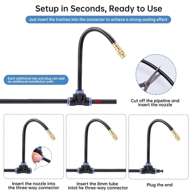 Funpynani 360° Automatic Drip Irrigation Kit - 5/16'' Tubing, Adjustable Universal Spray Nozzle, Copper Atomizing System for Garden/Lawn/Greenhouse - Multi-Directional Rotation, Quick Connectors, 33FT - Image 3